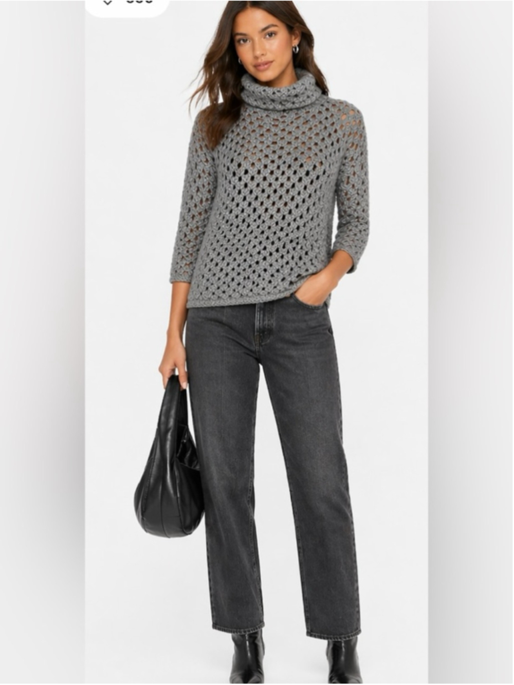 James Perse Grey Open Knit Turtleneck Sweater Alpaca Wool Cropped Chunky